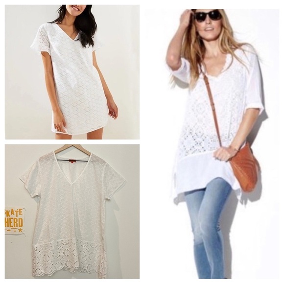 Saffire white short sleeve oversized V neck eyelet tunic top mini dress - Picture 1 of 11